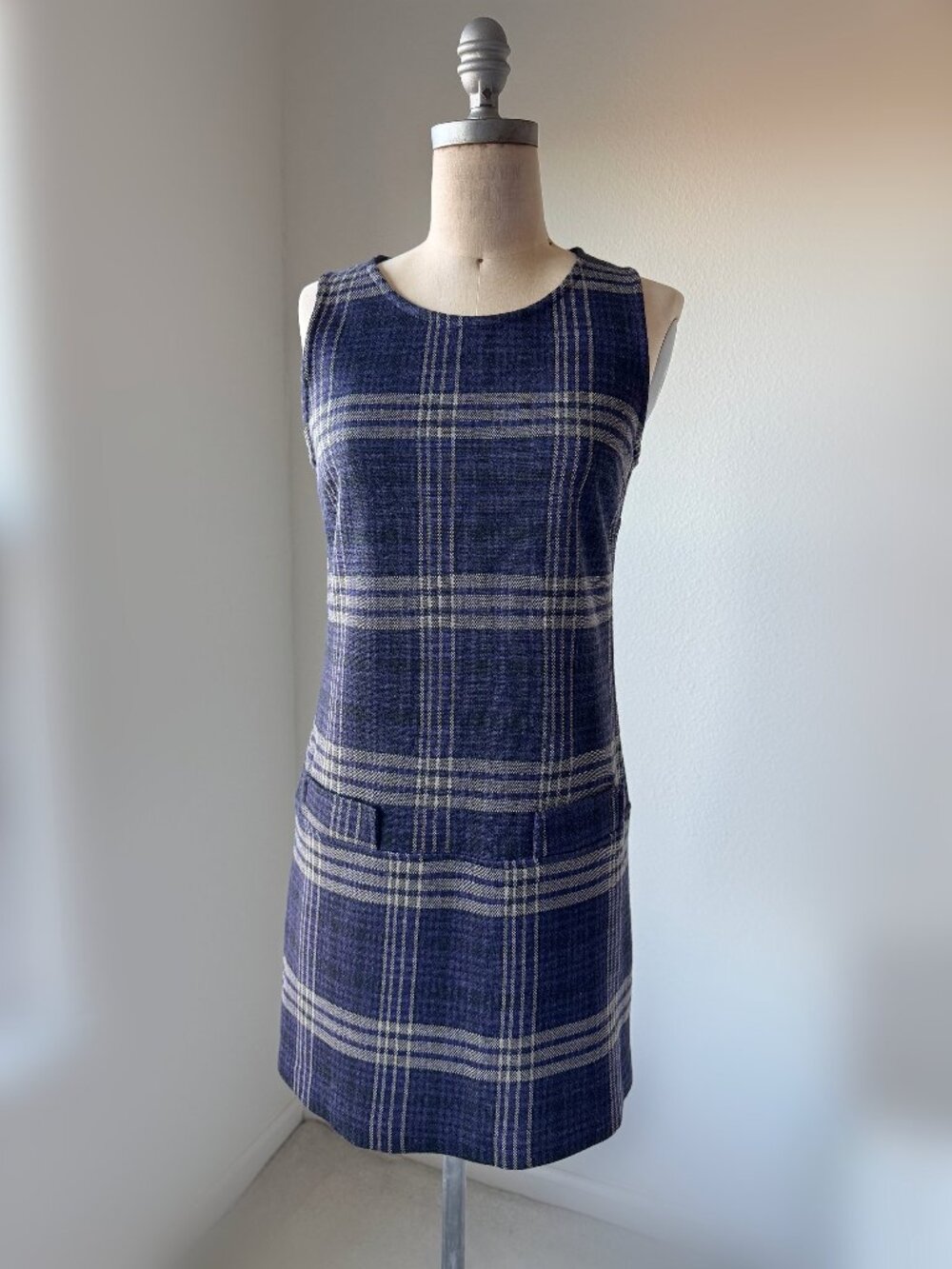 United Colors of Benetton Plaid Knit Shift Dress Wool Blend Sleeveless Pockets